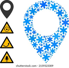 Mosaic map sign icon is constructed for winter, New Year, Christmas. Map sign icon mosaic is shaped of light blue snow flakes. Some bonus icons are added.