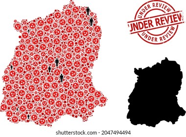 Mosaic map of Sikkim State constructed from SARS virus items and people icons. Under Review distress seal stamp. Black people icons and red virus outbreak icons. Under Review title inside round stamp.