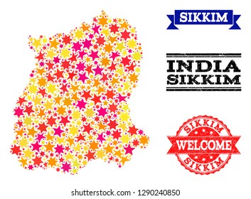 Mosaic map of Sikkim State designed with colored flat stars, and grunge textured stamps, isolated on an white background. Vector colored geographic abstraction of map of Sikkim State with red, yellow,