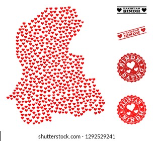 Mosaic map of Sindh Province created with red love hearts, and rubber watermarks for Valentines day. Vector lovely geographic abstraction of map of Sindh Province with red valentine symbols.