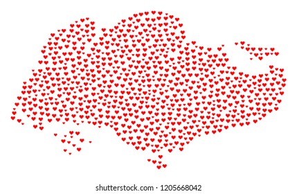 Mosaic map of Singapore created with red love hearts. Vector lovely geographic abstraction of map of Singapore with red romantic symbols. Romantic design for bonus projects.