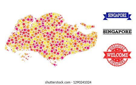 Mosaic map of Singapore designed with colored flat stars, and grunge textured stamps, isolated on an white background. Vector colored geographic abstraction of map of Singapore with red, yellow,