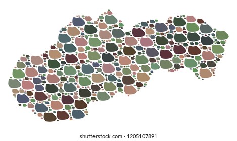 Mosaic map of Slovakia created with colored flat pebbles. Vector motley geographic abstraction of map of Slovakia.