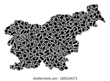 Mosaic map of Slovenia composed with black flat geometric primitives, such as triangles, stars, rectangles, circles, ellipses, segments, sectors, rhombuses, squares, polygons, semi-circles.