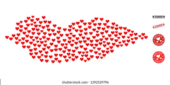 Mosaic map of Socotra Island designed with red love hearts, and rubber watermarks for dating. Vector lovely geographic abstraction of map of Socotra Island with red romantic symbols.