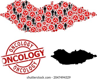 Mapa mosaico de la isla de Socotra diseñado a partir de elementos del virus SARS y elementos de la gente. Sello de sello texturizado oncológico. Elementos de la gente negra y elementos del virus de la gripe roja. El texto oncológico está dentro del sello redondo.