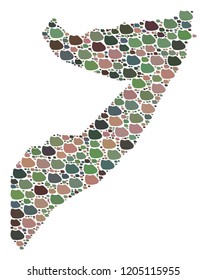 Mosaic map of Somalia composed with colored flat concretions. Vector pied geographic abstraction of map of Somalia.