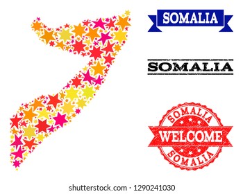 Mosaic map of Somalia formed with colored flat stars, and grunge textured stamps, isolated on an white background. Vector colored geographic abstraction of map of Somalia with red, yellow,