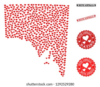 Mosaic map of South Australia composed with red love hearts, and rubber watermarks for dating. Vector lovely geographic abstraction of map of South Australia with red romantic symbols.