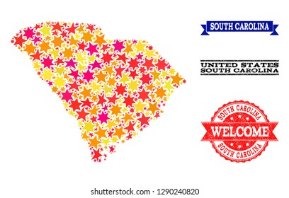 Mosaic map of South Carolina State composed with colored flat stars, and grunge textured stamps, isolated on an white background.