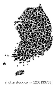 Mosaic map of South Korea composed with black flat geometric figures, such as triangles, stars, rectangles, circles, ellipses, segments, sectors, rhombuses, squares, polygons, semi-circles.