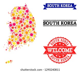 Mosaic map of South Korea created with colored flat stars, and grunge textured stamps, isolated on an white background. Vector colored geographic abstraction of map of South Korea with red, yellow,