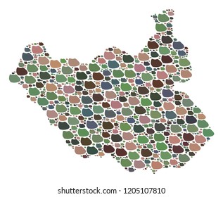 Mosaic map of South Sudan created with colored flat stones. Vector varicolored geographic abstraction of map of South Sudan.