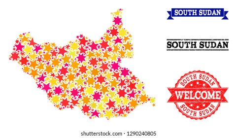 Mosaic map of South Sudan formed with colored flat stars, and grunge textured stamps, isolated on an white background. Vector colored geographic abstraction of map of South Sudan with red, yellow,