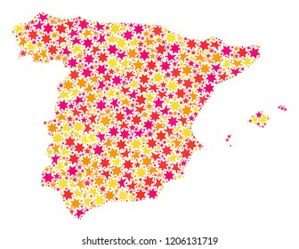 Mosaic map of Spain composed with colored flat stars. Vector colored geographic abstraction of map of Spain with red, yellow, orange stars. Festive design for holiday illustrations.