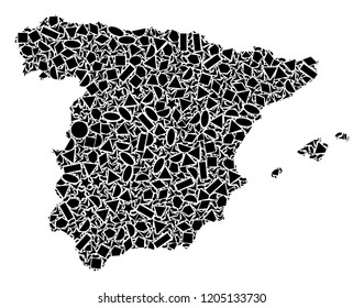 Mosaic map of Spain created with black flat geometric figures, such as triangles, stars, rectangles, circles, ellipses, segments, sectors, rhombuses, squares, polygons, semi-circles.