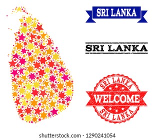 Mosaic map of Sri Lanka designed with colored flat stars, and grunge textured stamps, isolated on an white background. Vector colored geographic abstraction of map of Sri Lanka with red, yellow,