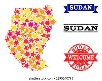 Mosaic map of Sudan designed with colored flat stars, and grunge textured stamps, isolated on an white background. Vector colored geographic abstraction of map of Sudan with red, yellow, orange stars.