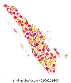 Mosaic map of Sumatra Island composed with colored flat stars. Vector colored geographic abstraction of map of Sumatra Island with red, yellow, orange stars. Festive design for New Year illustrations.