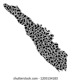 Mosaic map of Sumatra Island created with black flat geometric shapes, such as triangles, stars, rectangles, circles, ellipses, segments, sectors, rhombuses, squares, polygons, semi-circles.