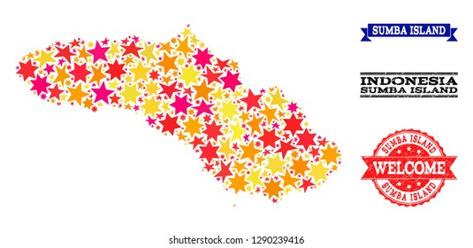 Mosaic map of Sumba Island created with colored flat stars, and grunge textured stamps, isolated on an white background. Vector colored geographic abstraction of map of Sumba Island with red, yellow,