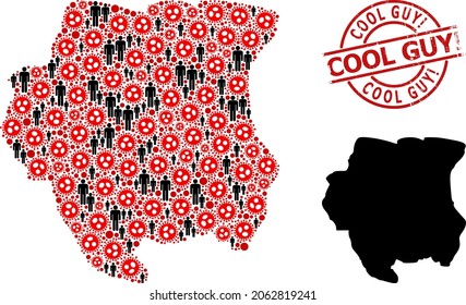 Mosaic map of Suriname composed of flu virus elements and humans icons. Cool Guy exclamation scratched watermark. Black person symbols and red flu virus icons. Cool Guy exclamation text is inside