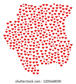 Mosaic map of Suriname composed with red love hearts. Vector lovely geographic abstraction of map of Suriname with red romantic symbols. Romantic design for relations posters.