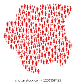 Mosaic map of Suriname composed with red marriage persons. Vector lovely geographic abstraction of map of Suriname with red romantic symbols. Romantic flat design for marriage posters.