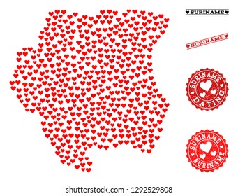 Mosaic map of Suriname designed with red love hearts, and rubber stamp seals for dating. Vector lovely geographic abstraction of map of Suriname with red dating symbols.