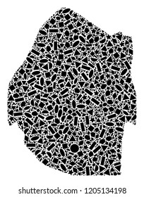 Mosaic map of Swaziland composed with black flat geometric figures, such as triangles, stars, rectangles, circles, ellipses, segments, sectors, rhombuses, squares, polygons, semi-circles.