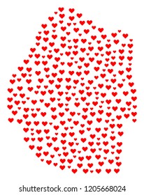 Mosaic map of Swaziland composed with red love hearts. Vector lovely geographic abstraction of map of Swaziland with red romantic symbols. Romantic design for dating illustrations.