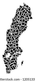Mosaic map of Sweden designed with black flat geometric primitives, such as triangles, stars, rectangles, circles, ellipses, segments, sectors, rhombuses, squares, polygons, semi-circles.
