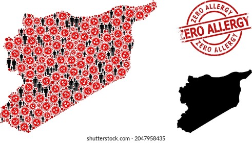 Mosaic map of Syria constructed from virus elements and men elements. Zero Allergy grunge stamp. Black crowd icons and red flu virus elements. Zero Allergy phrase inside round stamp.