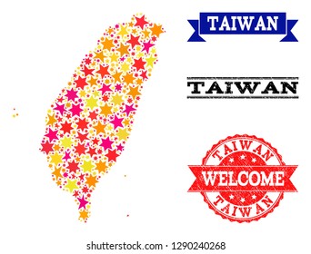 Mosaic map of Taiwan formed with colored flat stars, and grunge textured stamps, isolated on an white background. Vector colored geographic abstraction of map of Taiwan with red, yellow, orange stars.