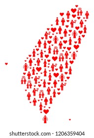 Mosaic map of Taiwan formed with red wedding persons. Vector lovely geographic abstraction of map of Taiwan with red wedding symbols. Romantic flat design for bonus projects.