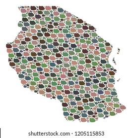 Mosaic map of Tanzania formed with colored flat concretions. Vector pied geographic abstraction of map of Tanzania.
