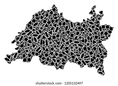Mosaic map of Tatarstan created with black flat geometric shapes, such as triangles, stars, rectangles, circles, ellipses, segments, sectors, rhombuses, squares, polygons, semi-circles.