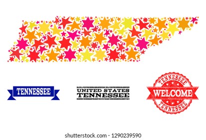Mosaic map of Tennessee State created with colored flat stars, and grunge textured stamps, isolated on an white background. Vector bright geographic abstraction of map of Tennessee State with red,