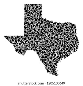 Mosaic map of Texas State designed with black flat geometric figures, such as triangles, stars, rectangles, circles, ellipses, segments, sectors, rhombuses, squares, polygons, semi-circles.
