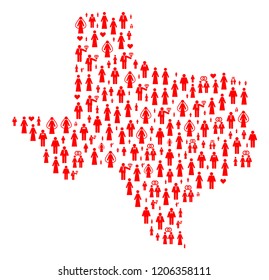 Mosaic map of Texas State formed with red lovely wives and husbands. Vector lovely geographic abstraction of map of Texas State with red romance symbols. Romantic flat design for marriage posters.