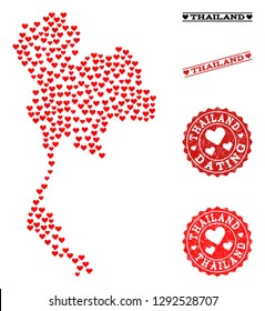Mosaic map of Thailand created with red love hearts, and rubber stamp seals for Valentines day. Vector lovely geographic abstraction of map of Thailand with red wedding symbols.