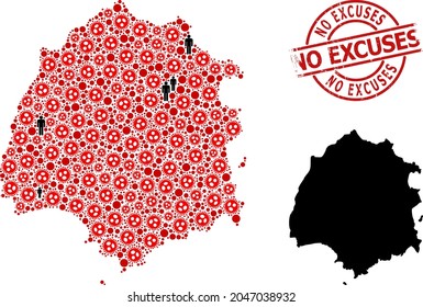 Mosaic map of Thassos Island designed from covid infection elements and men elements. No Excuses textured seal stamp. Black men items and red coronavirus elements.