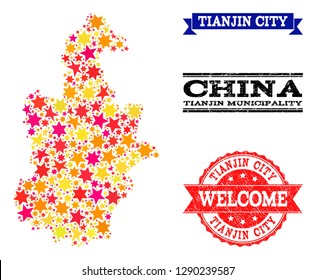Mosaic map of Tianjin Municipality designed with colored flat stars, and grunge textured stamps, isolated on an white background.