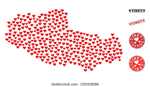 Mosaic map of Tibet created with red love hearts, and grunge stamp seals for dating. Vector lovely geographic abstraction of map of Tibet with red romantic symbols.