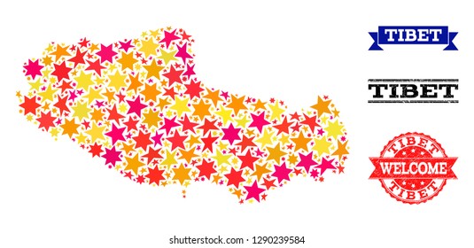 Mosaic map of Tibet designed with colored flat stars, and grunge textured stamps, isolated on an white background. Vector colored geographic abstraction of map of Tibet with red, yellow, orange stars.