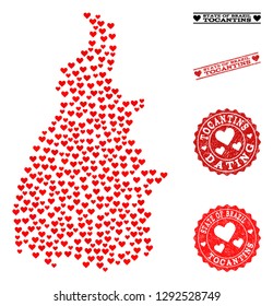 Mosaic map of Tocantins State formed with red love hearts, and rubber stamp seals for Valentines day. Vector lovely geographic abstraction of map of Tocantins State with red romantic symbols.