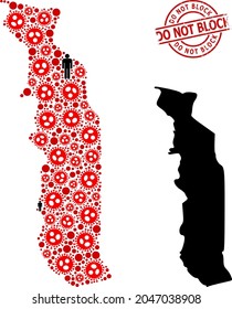 Mapa mosaico de Togo compuesto por elementos del virus de la sars y elementos humanos. No bloquear la insignia de la angustia. Elementos de la multitud negra e íconos del virus del sars rojo. El título No bloquear está dentro del sello redondo.