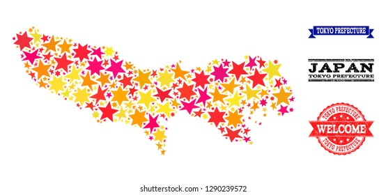 Mosaic map of Tokyo Prefecture composed with colored flat stars, and grunge textured stamps, isolated on an white background. Vector colored geographic abstraction of map of Tokyo Prefecture with red,