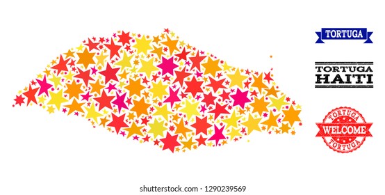 Mosaic map of Tortuga Island designed with colored flat stars, and grunge textured stamps, isolated on an white background. Vector colored geographic abstraction of map of Tortuga Island with red,