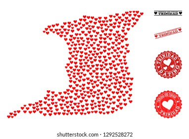 Mosaic map of Trinidad Island designed with red love hearts, and rubber watermarks for dating. Vector lovely geographic abstraction of map of Trinidad Island with red dating symbols.